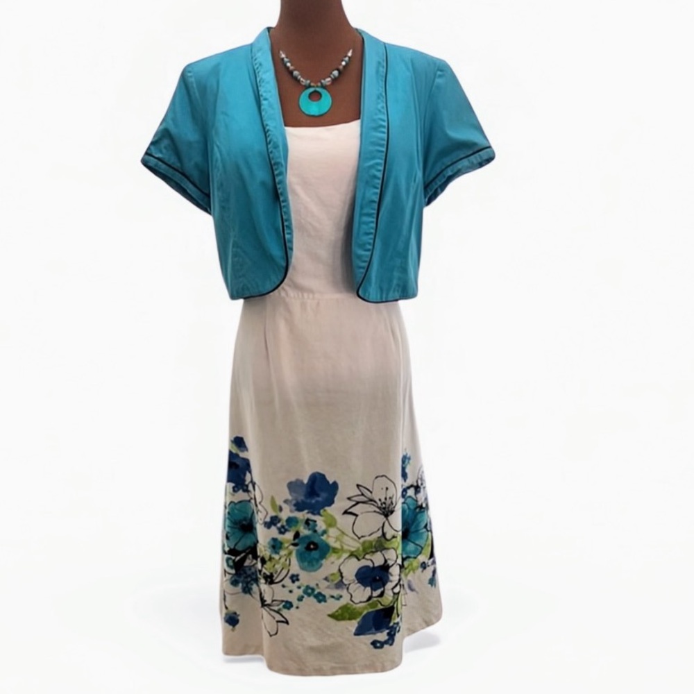 Studio I Midi Dress White and Teal Floral with Teal Bolero Jacket Women’s Sz 16